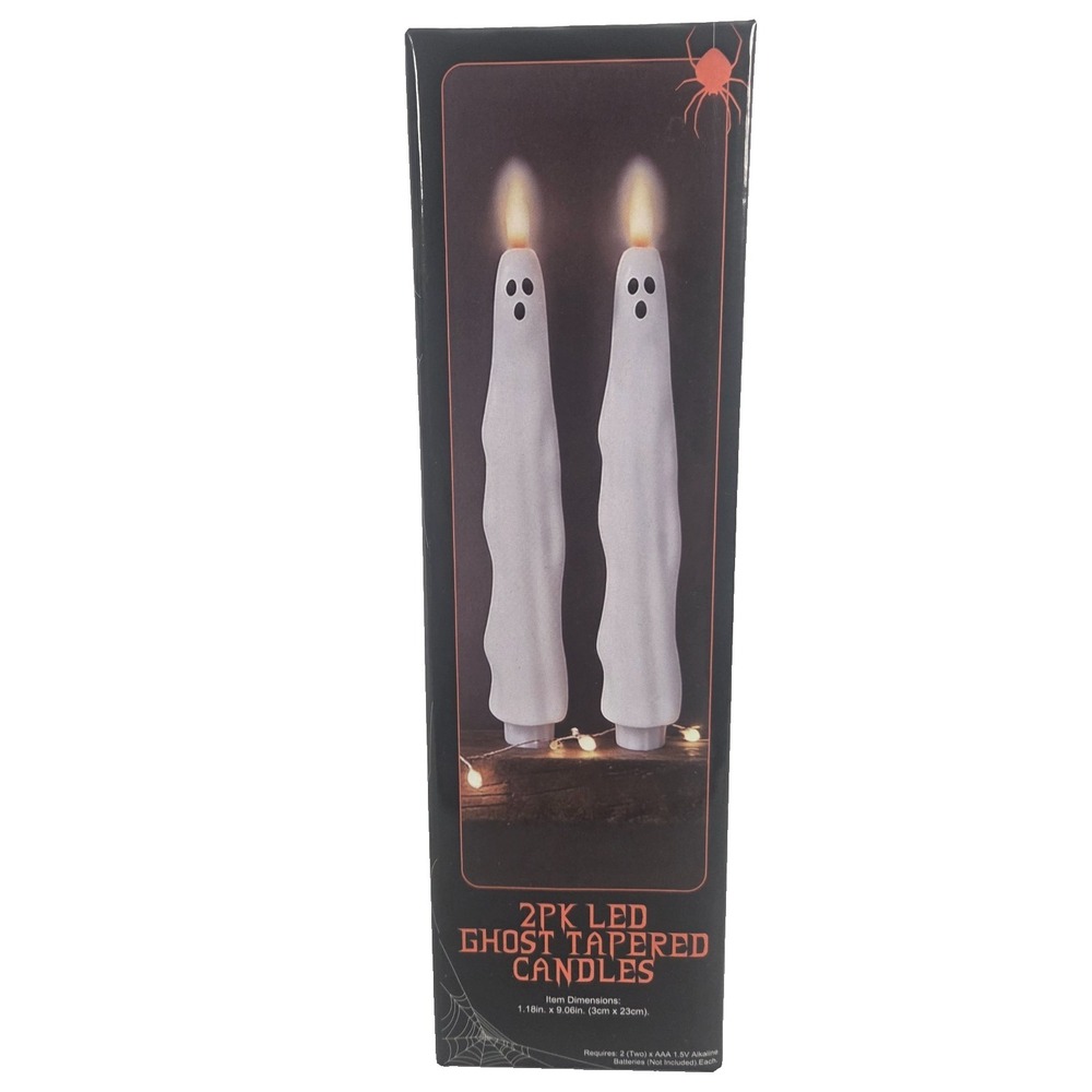 LED Ghost Taper Candles 9 Inch 2 Pack Flameless Halloween Decor Battery Operated